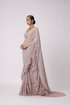 Light Beige Georgette Pre Draped Saree Set