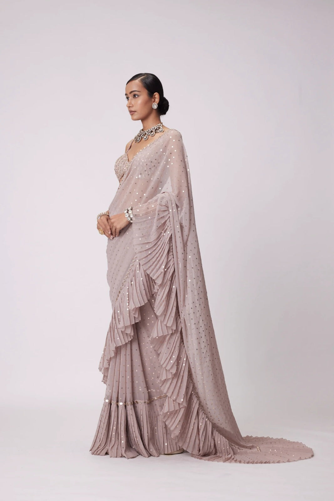 Light Beige Georgette Pre Draped Saree Set