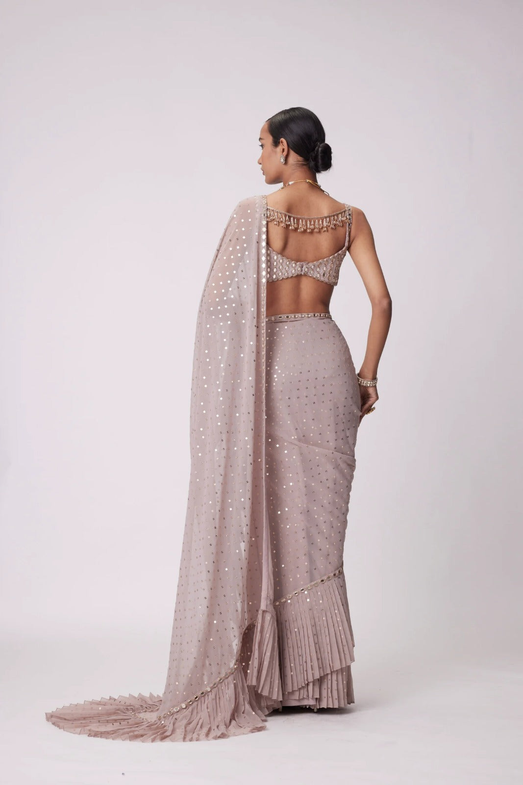 Light Beige Georgette Pre Draped Saree Set