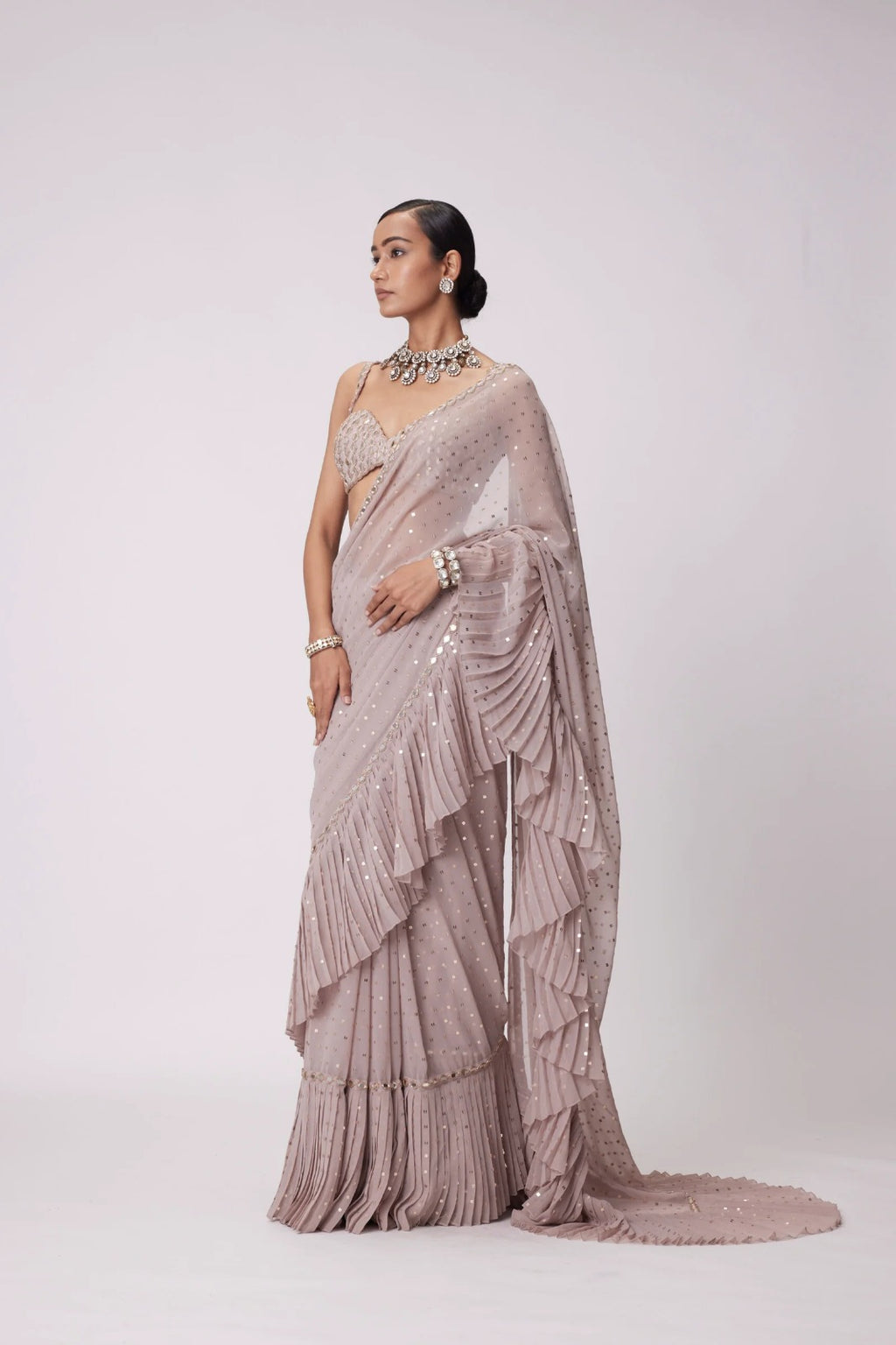 Light Beige Georgette Pre Draped Saree Set