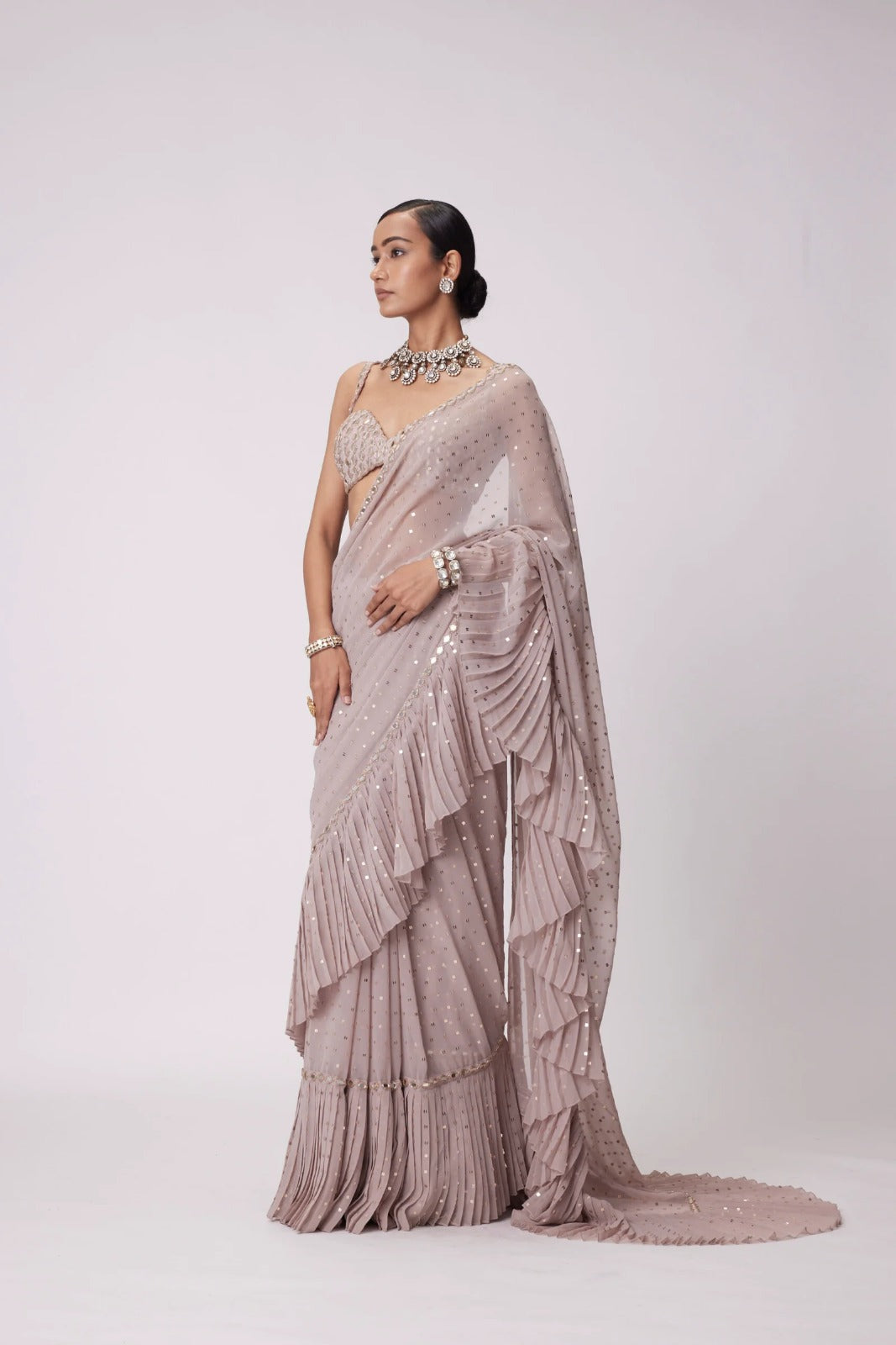 Light Beige Georgette Pre Draped Saree Set