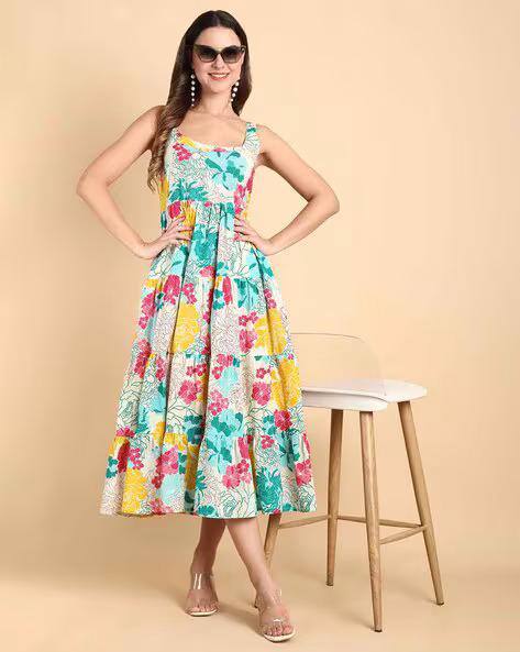 Trendy Floral Printed Cotton Maxi Dress for Women