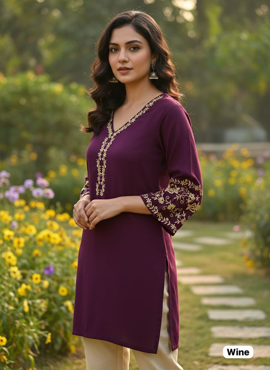 Elegant Rayon Short Kurti with Golden Embroidery
