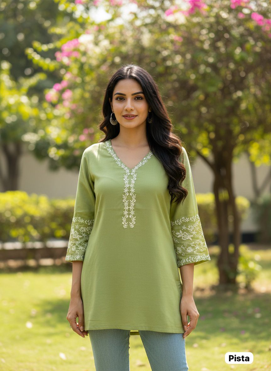 Elegant Rayon Short Kurti with Golden Embroidery