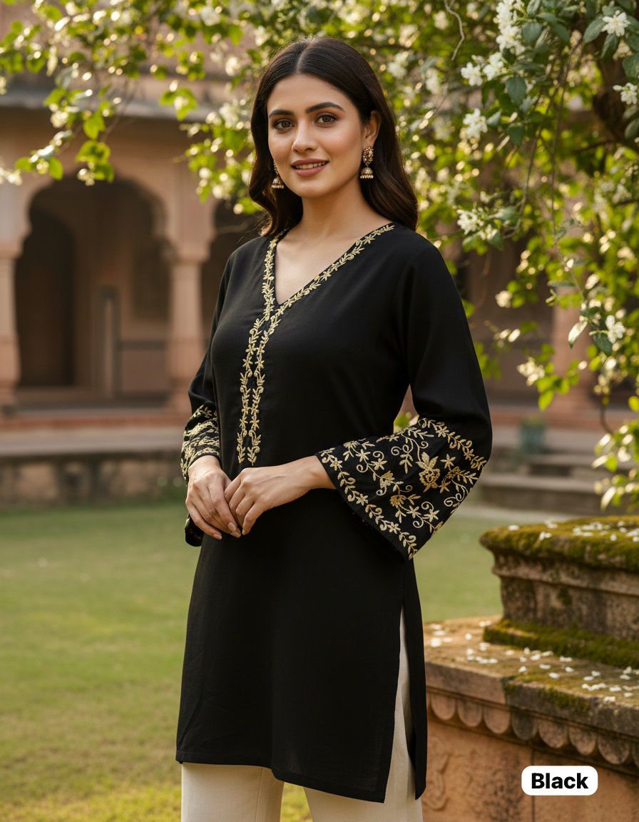 Elegant Rayon Short Kurti with Golden Embroidery