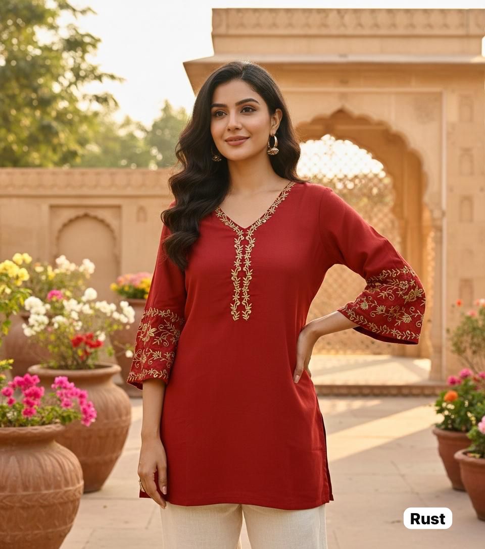 Elegant Rayon Short Kurti with Golden Embroidery