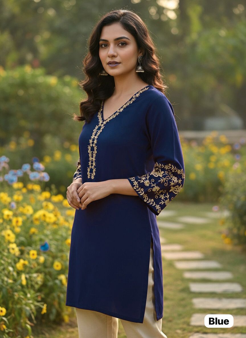 Elegant Rayon Short Kurti with Golden Embroidery