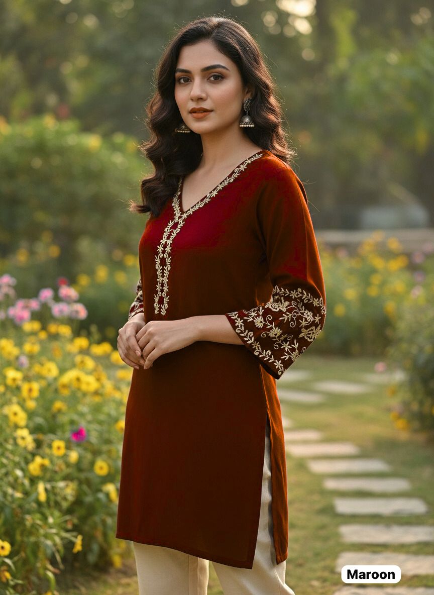 Elegant Rayon Short Kurti with Golden Embroidery