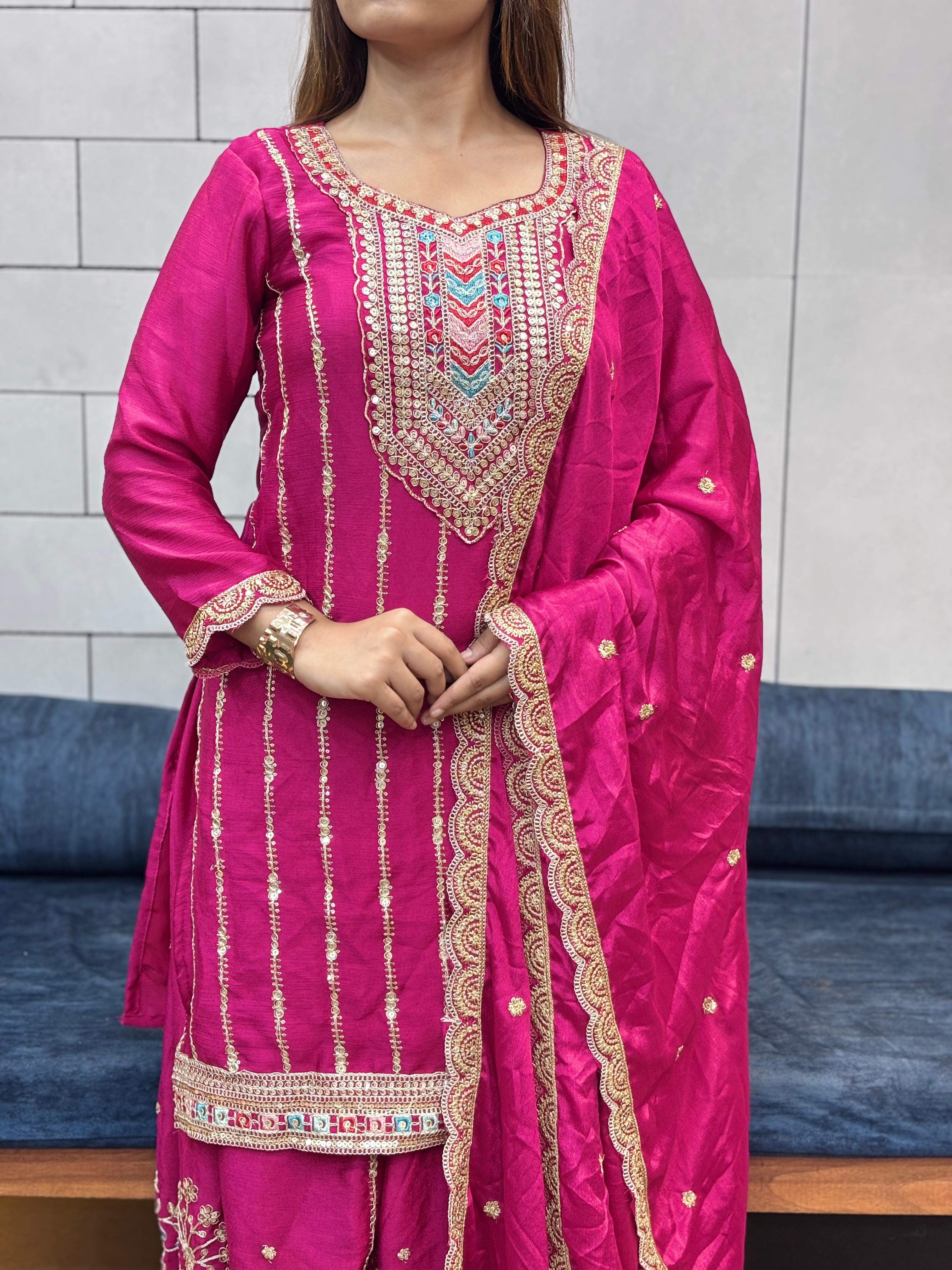 Embroidered Heavy Chinon Silk kurti with embroidered Palazzo and dupatta Set
