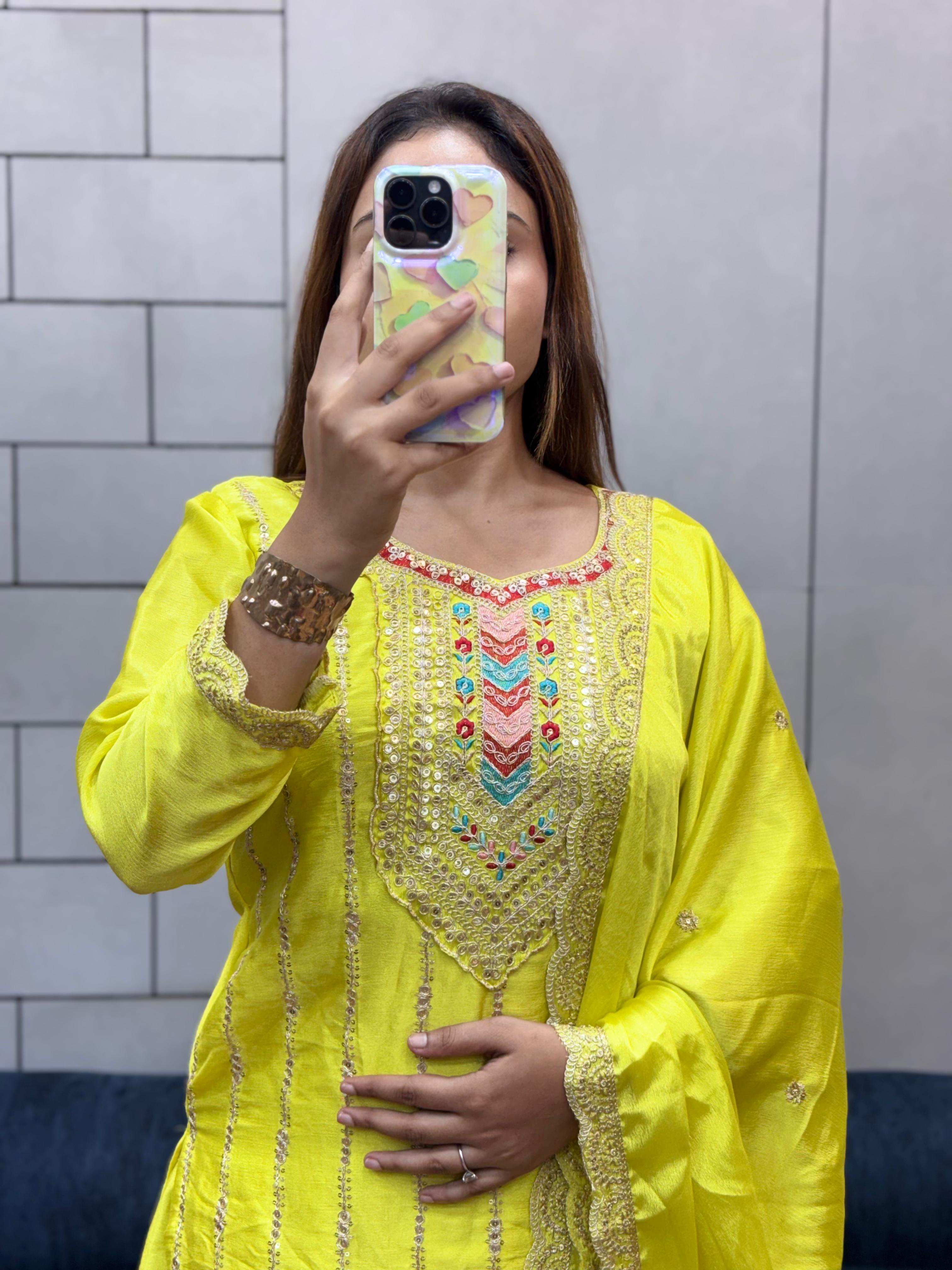 Embroidered Heavy Chinon Silk kurti with embroidered Palazzo and dupatta Set