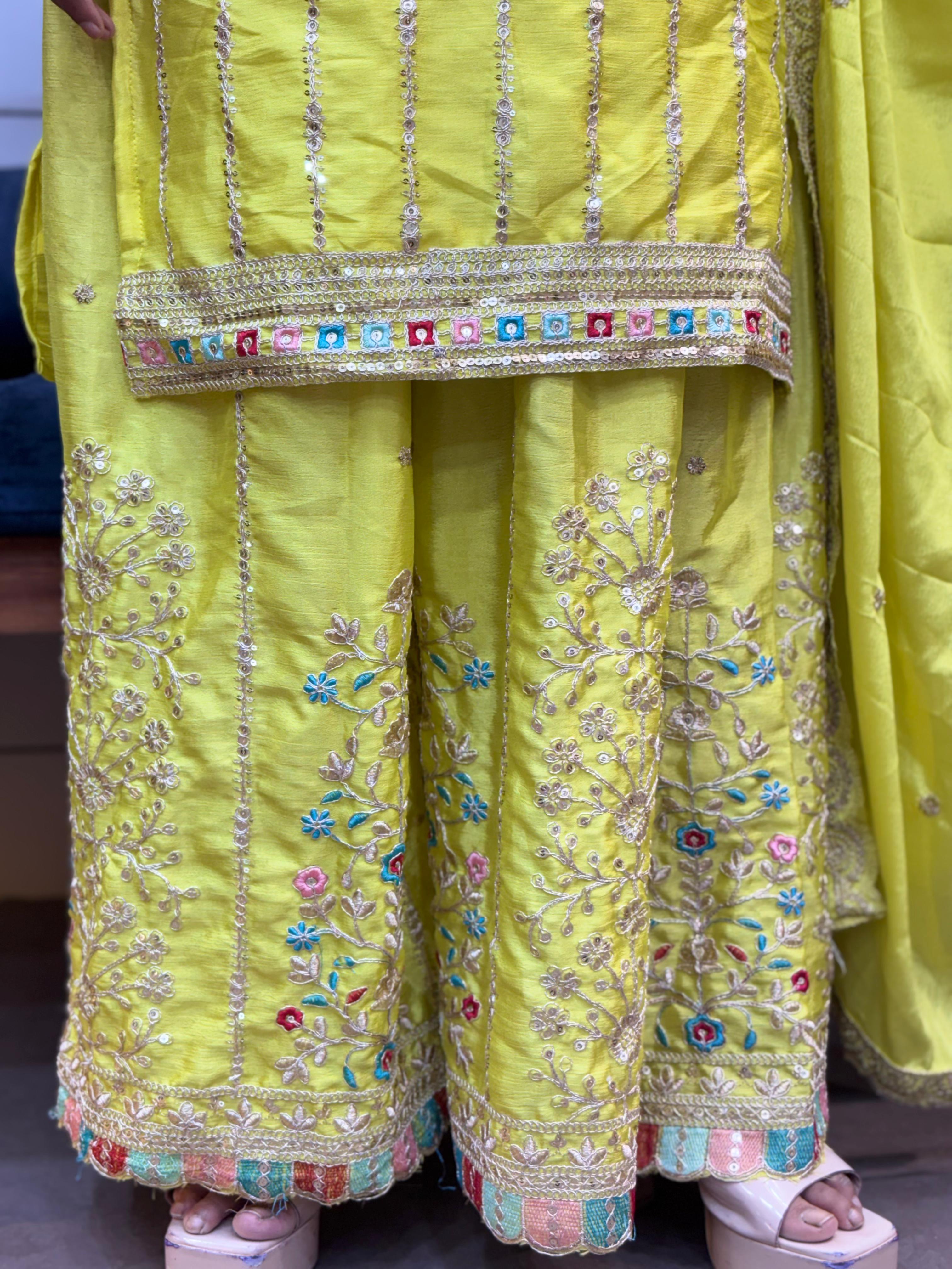 Embroidered Heavy Chinon Silk kurti with embroidered Palazzo and dupatta Set