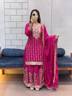 Embroidered Heavy Chinon Silk kurti with embroidered Palazzo and dupatta Set