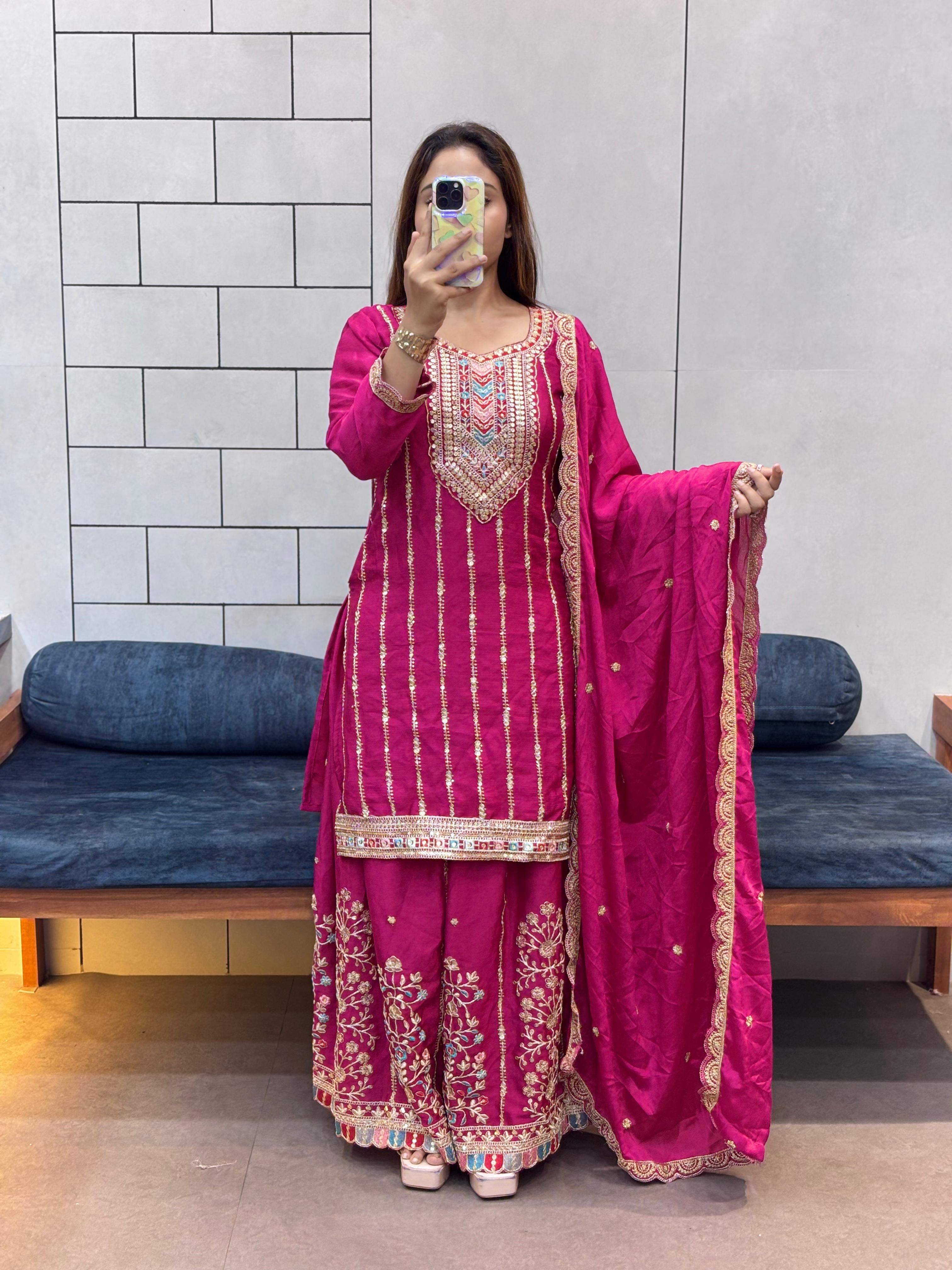 Embroidered Heavy Chinon Silk kurti with embroidered Palazzo and dupatta Set