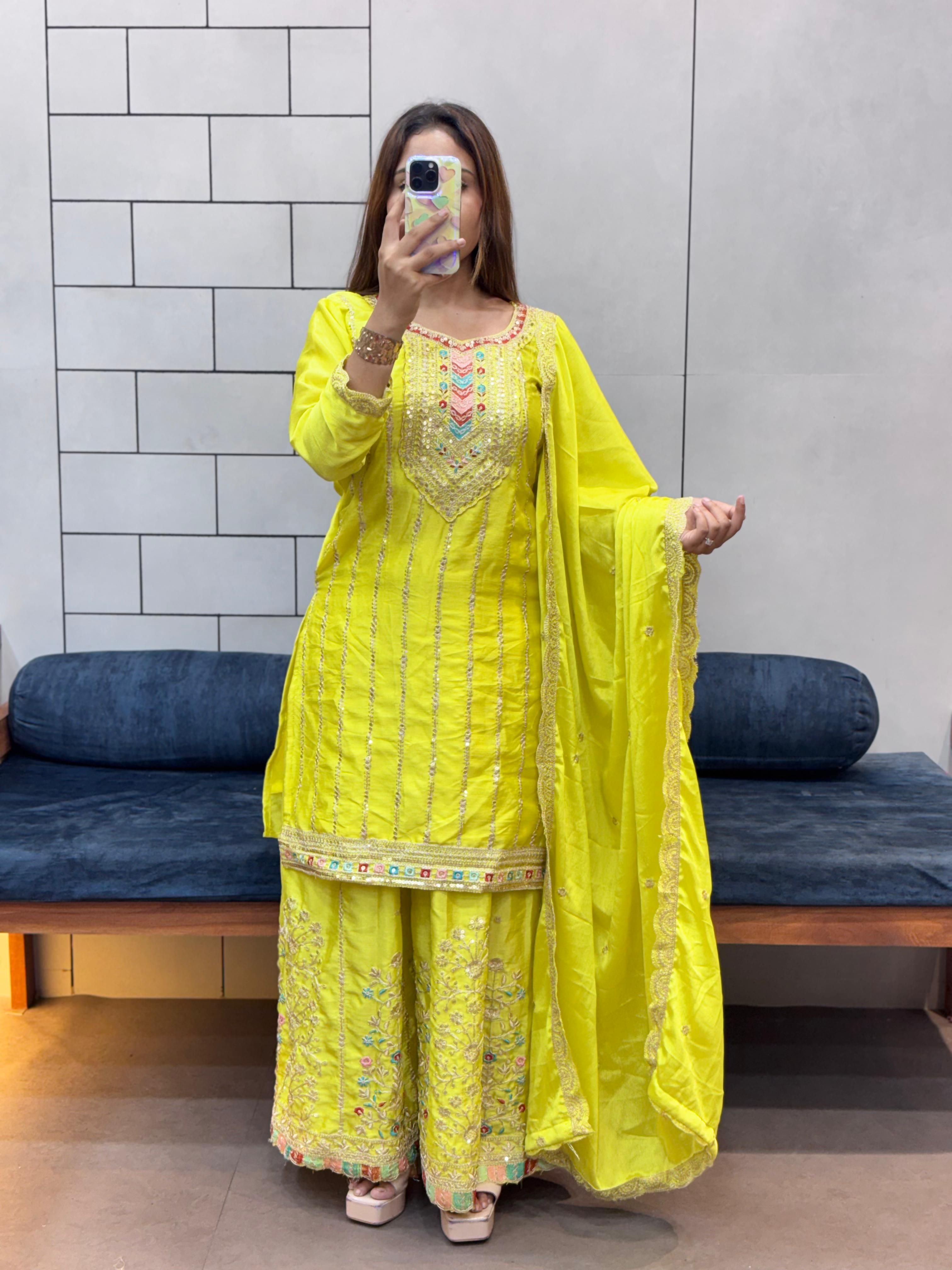 Embroidered Heavy Chinon Silk kurti with embroidered Palazzo and dupatta Set