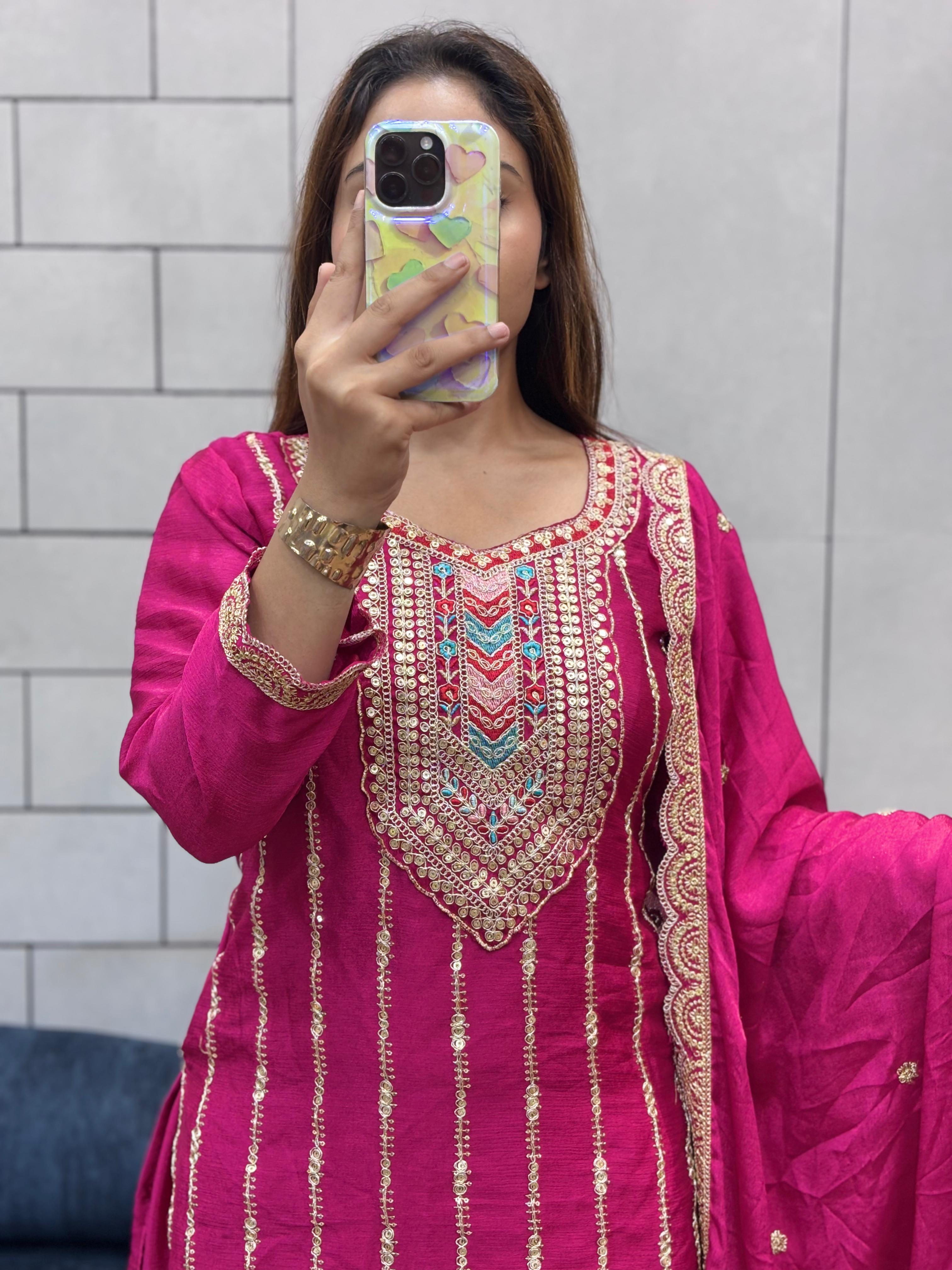 Embroidered Heavy Chinon Silk kurti with embroidered Palazzo and dupatta Set