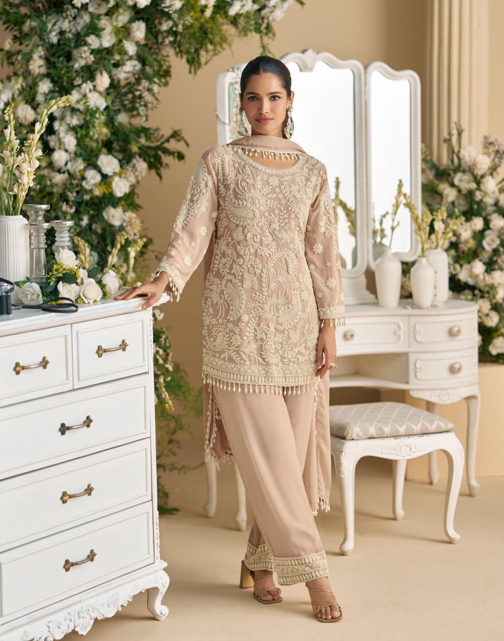 Lace Pink Georgette Palazzo Suit with Handcrafted Bead and Thread Embroidery