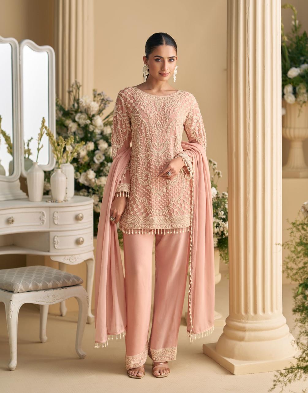 Peach Heavy Embroidered Georgette Kurta Set