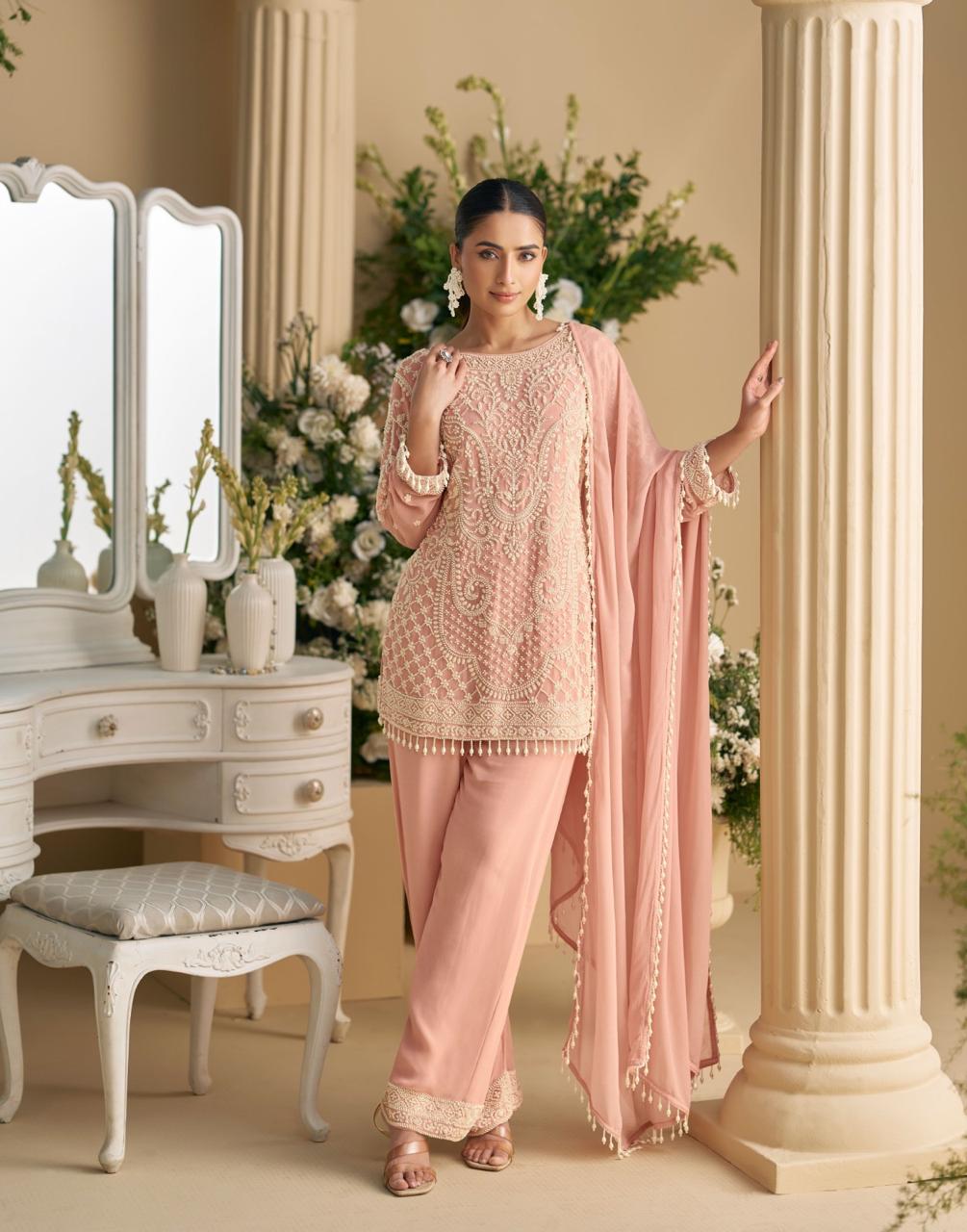 Peach Heavy Embroidered Georgette Kurta Set