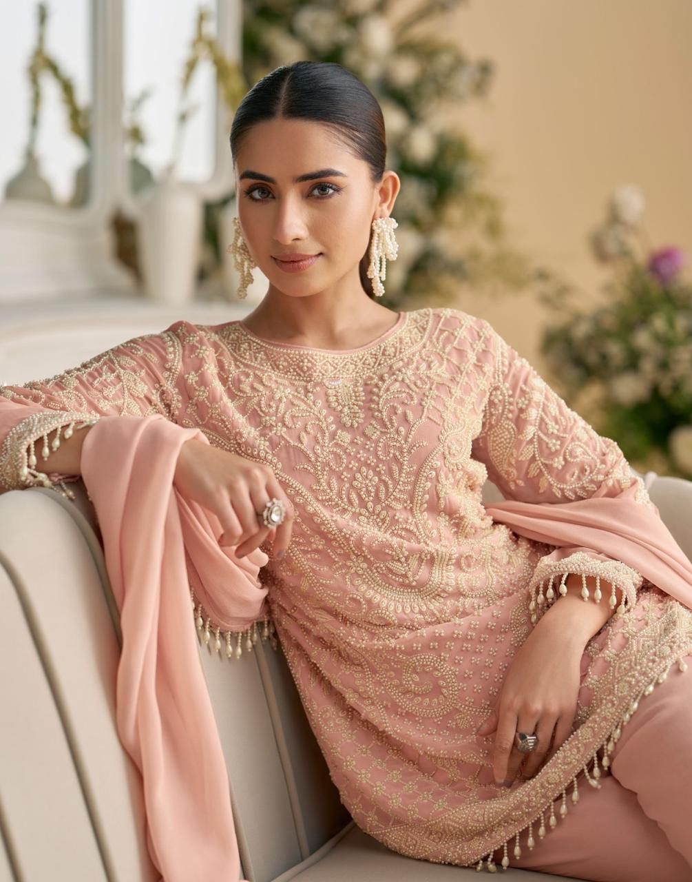 Peach Heavy Embroidered Georgette Kurta Set