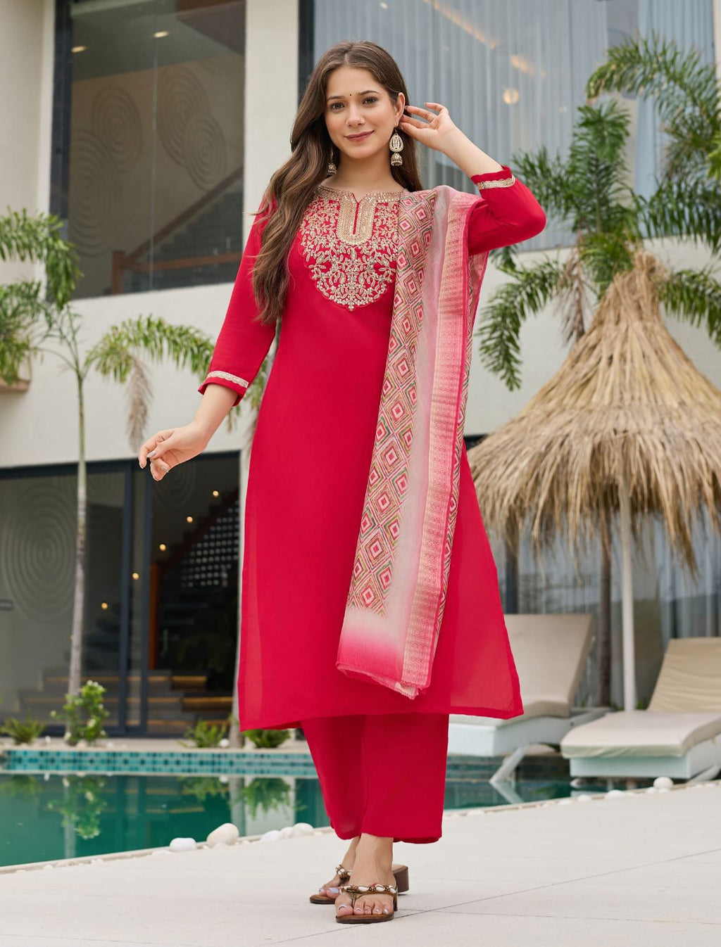 Cotton Silk Kurta With Bottom & Dupatta Set