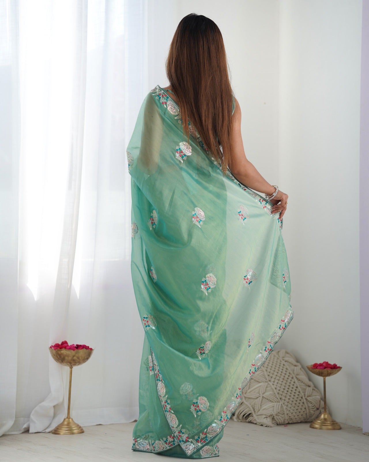 Women's Net Sequence Embroidery Work Saree