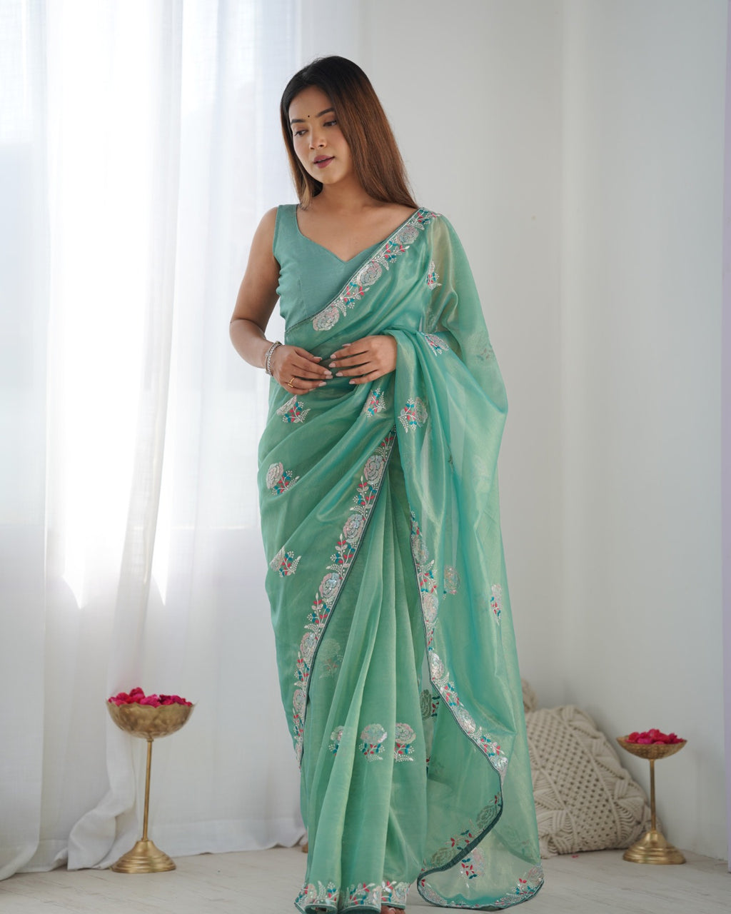 Women's Net Sequence Embroidery Work Saree