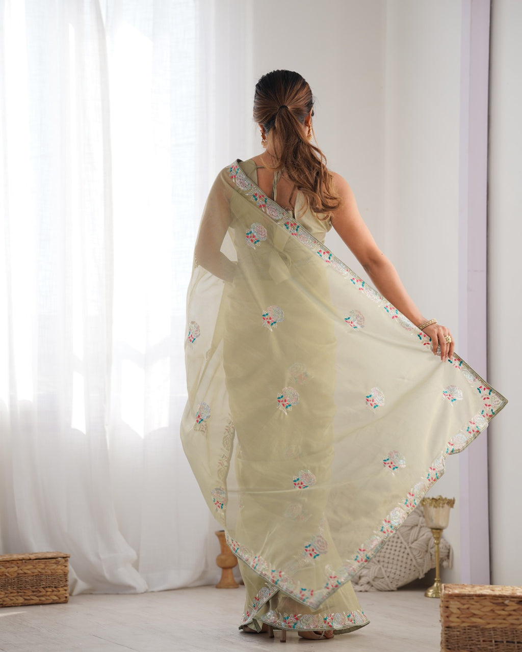 Women's Net Sequence Embroidery Work Saree