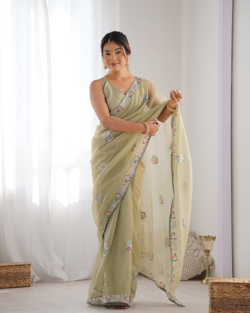 Women's Net Sequence Embroidery Work Saree