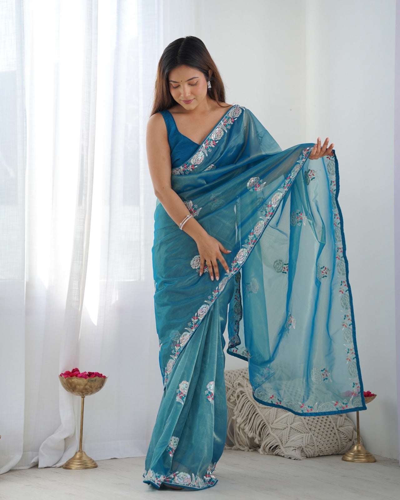 Women's Net Sequence Embroidery Work Saree