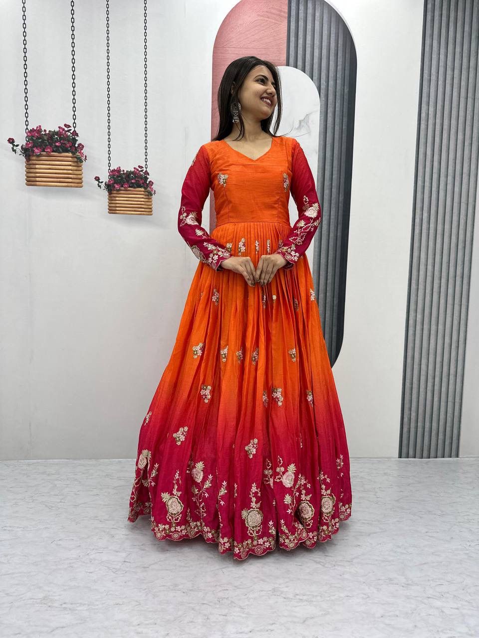 Double Color Anarkali Gown With Embroidery Bandej Koti
