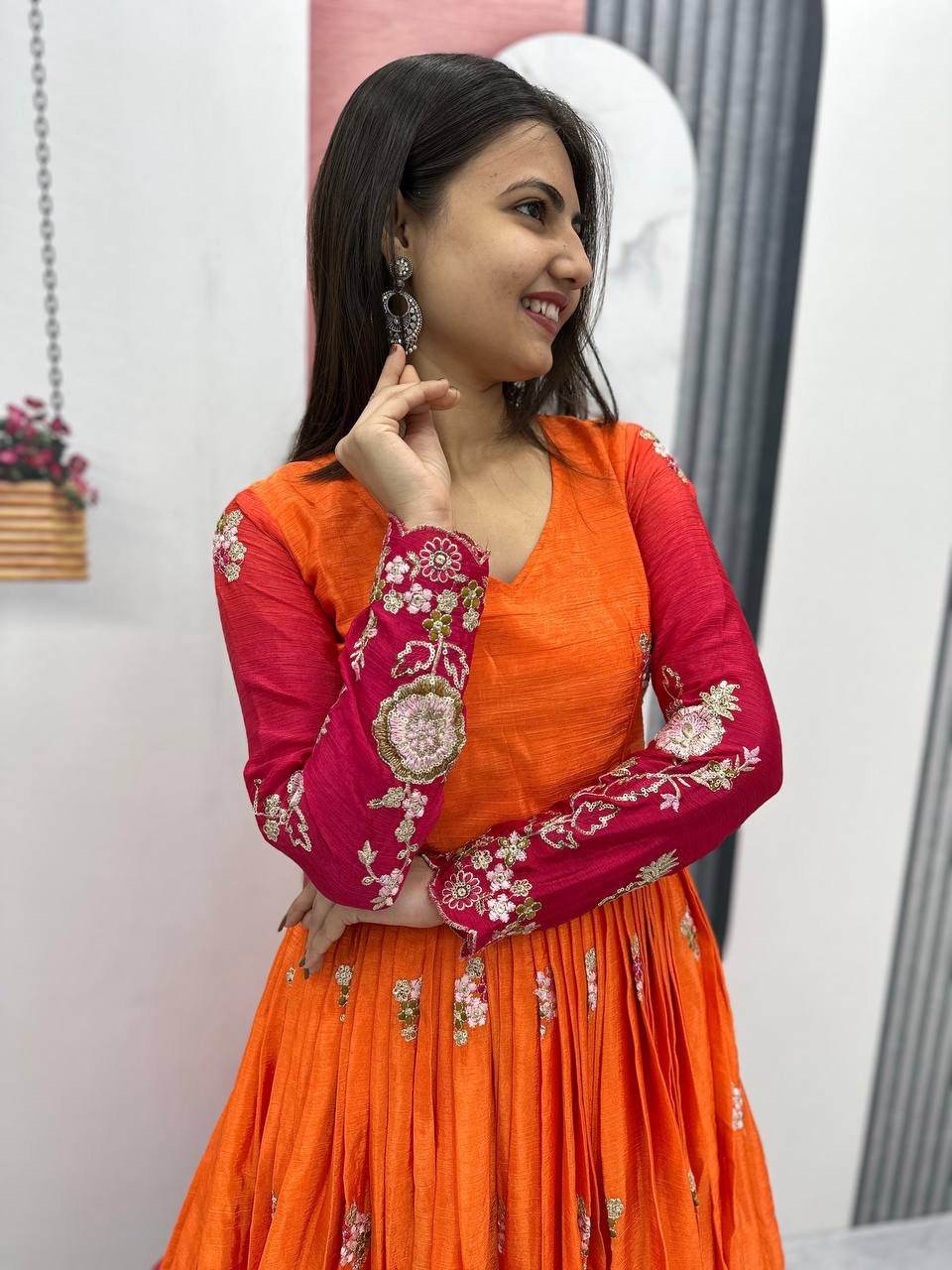 Double Color Anarkali Gown With Embroidery Bandej Koti