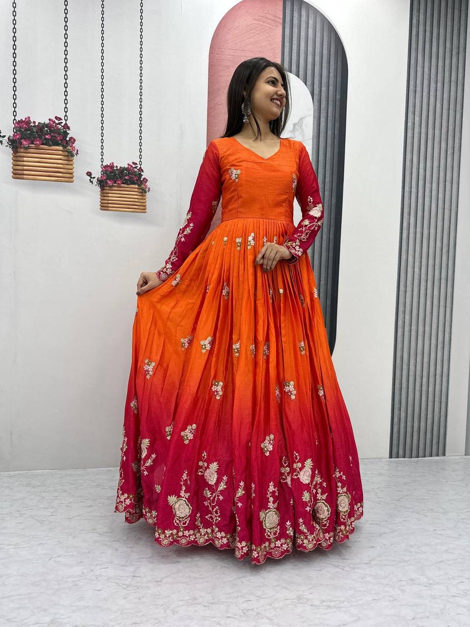 Double Color Anarkali Gown With Embroidery Bandej Koti