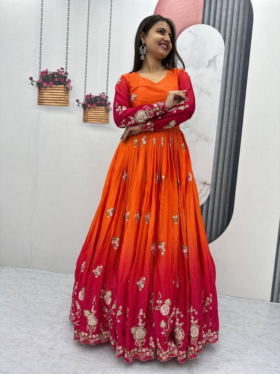 Double Color Anarkali Gown With Embroidery Bandej Koti