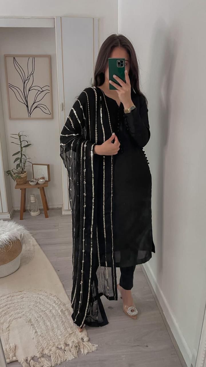 Women’s Heavy Faux Georgette Embroidery Work Kurta Pant With Dupatta Set