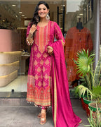 Women's Chinon Embroidered Straight kurta pant with Dupatta set