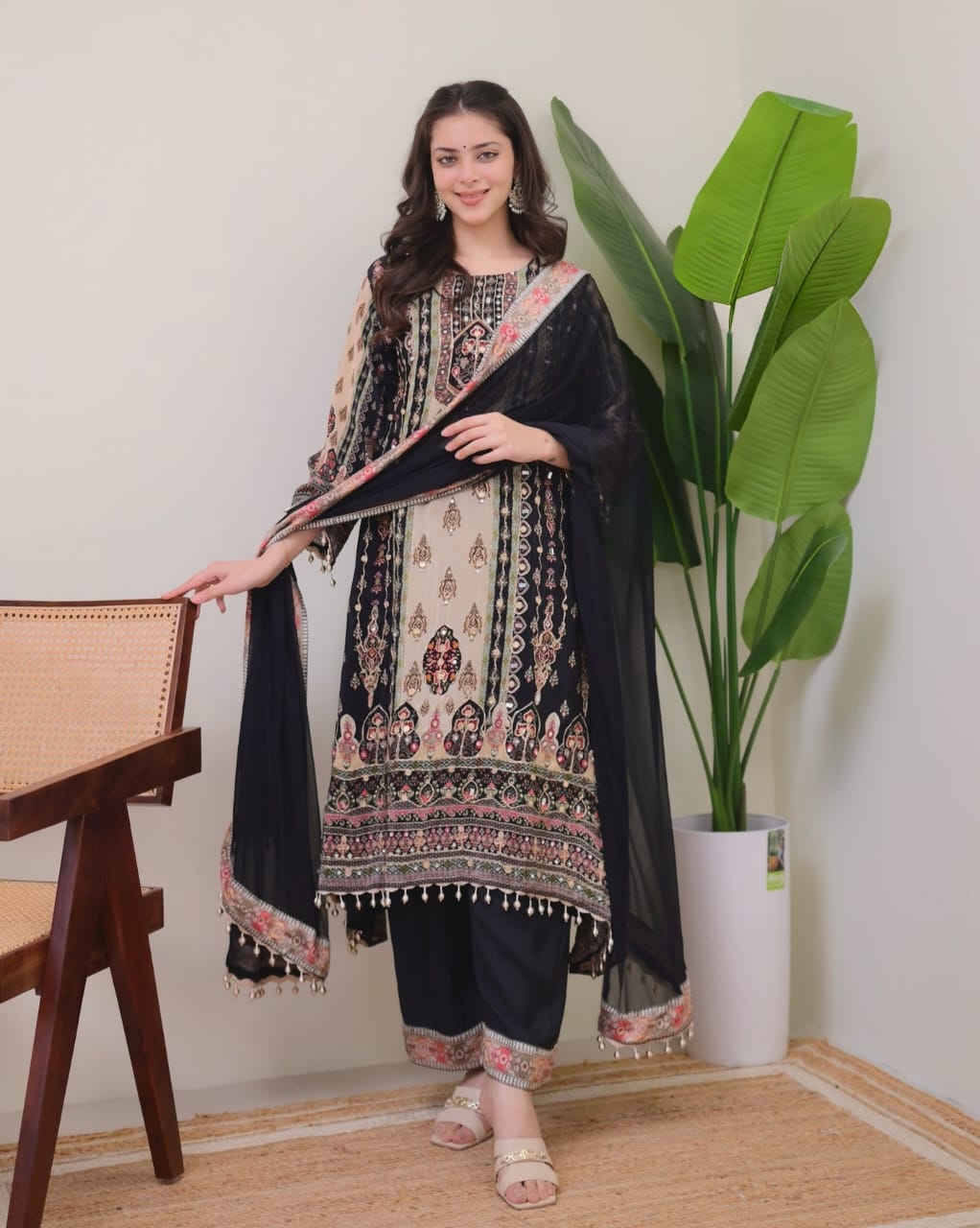 Women Fancy Floral Printed Sequinned Straight Kurta