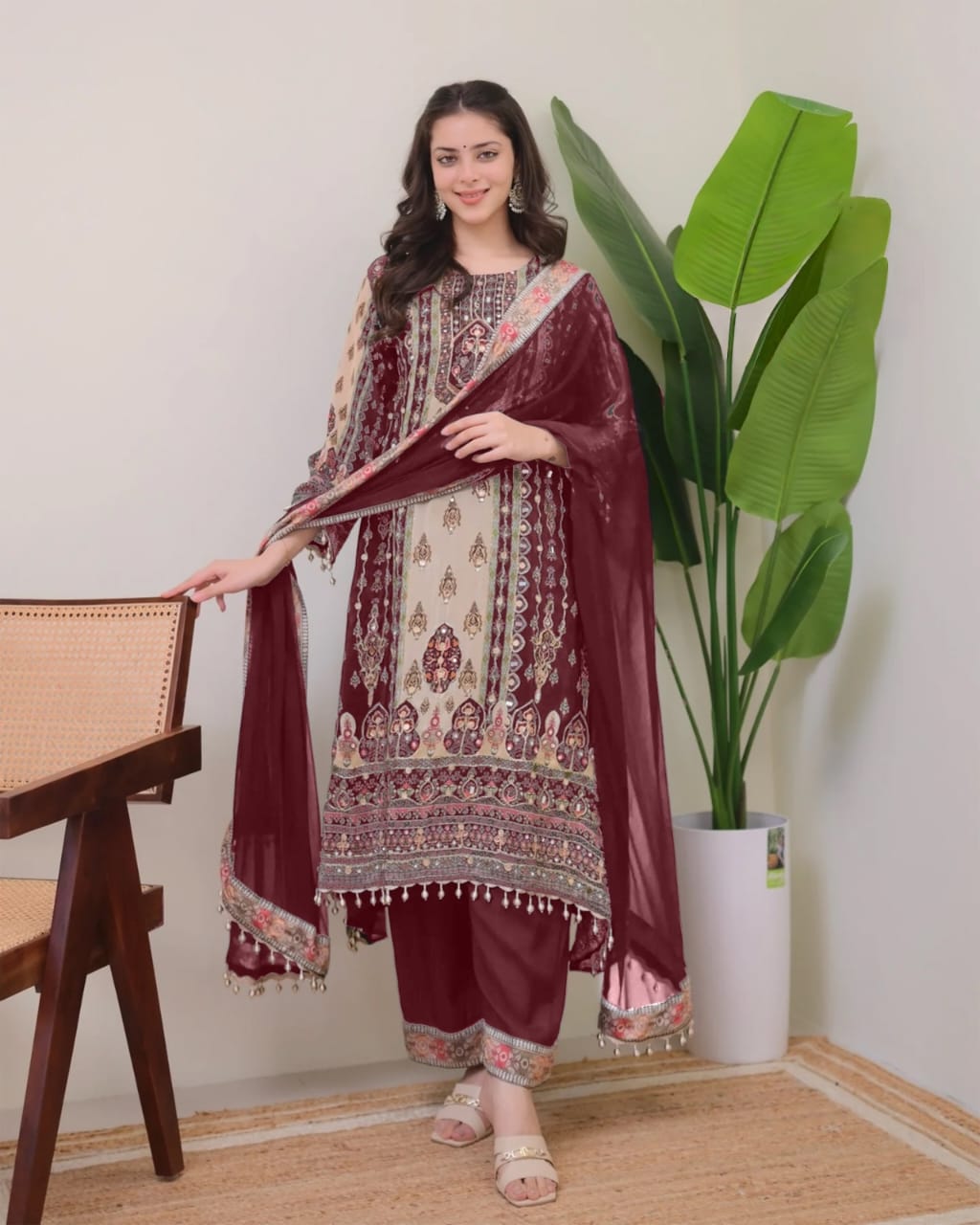 Women Fancy Floral Printed Sequinned Straight Kurta