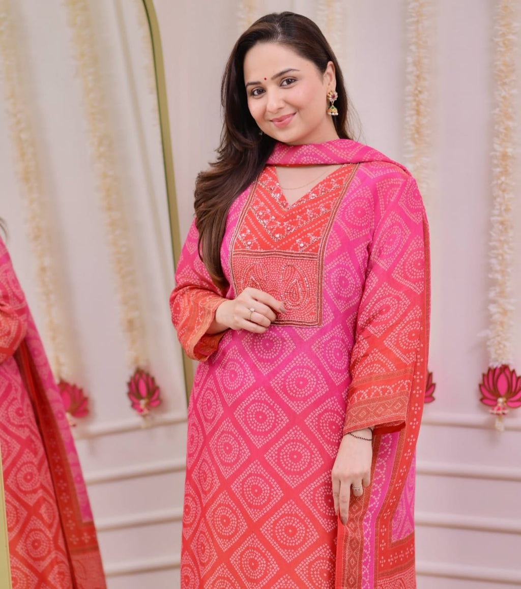 Pink Orange Bandhani Shimmer Handwork Festive Suit
