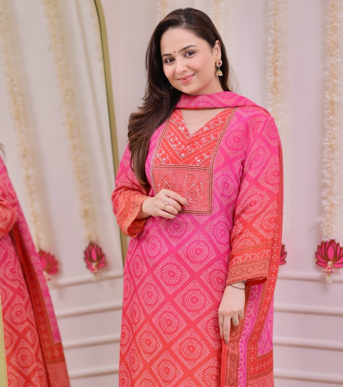 Pink Orange Bandhani Shimmer Handwork Festive Suit