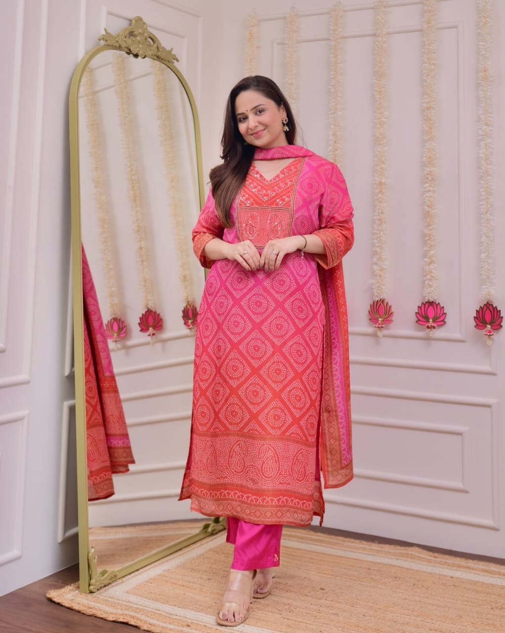 Pink Orange Bandhani Shimmer Handwork Festive Suit
