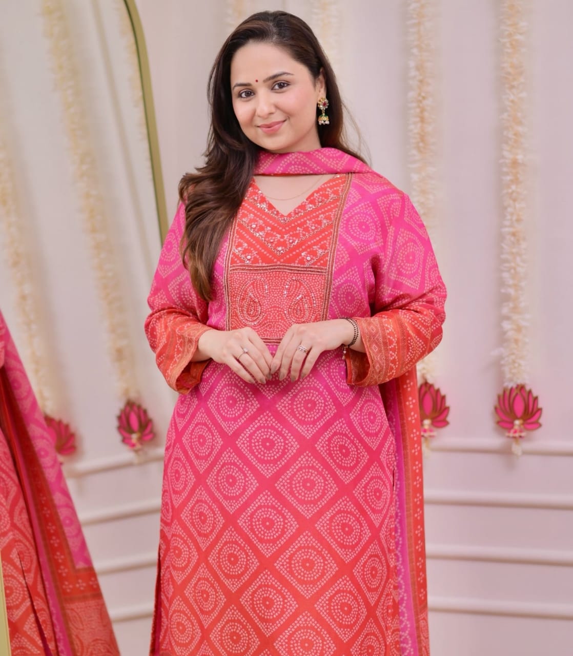 Pink Orange Bandhani Shimmer Handwork Festive Suit
