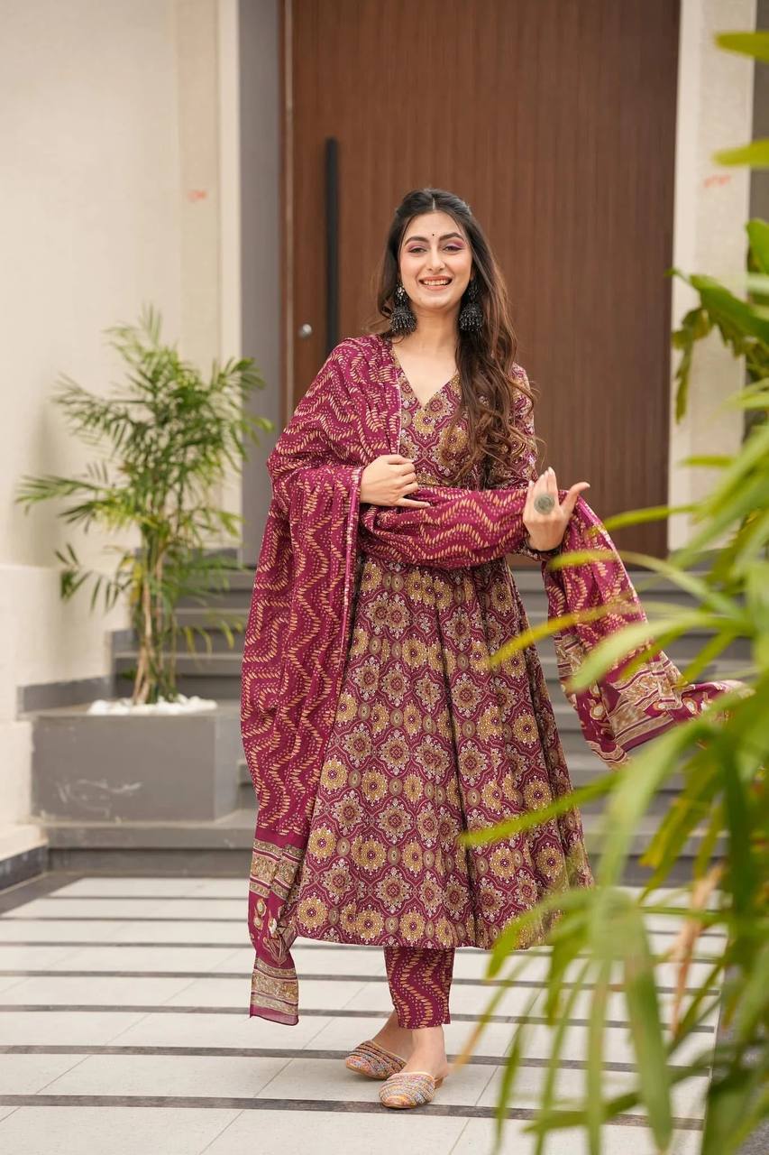 Women's Rayon Digital Printed Angrakha Kurta Pant With Dupatta Set