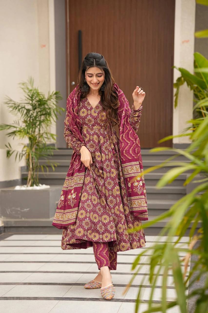 Women's Rayon Digital Printed Angrakha Kurta Pant With Dupatta Set