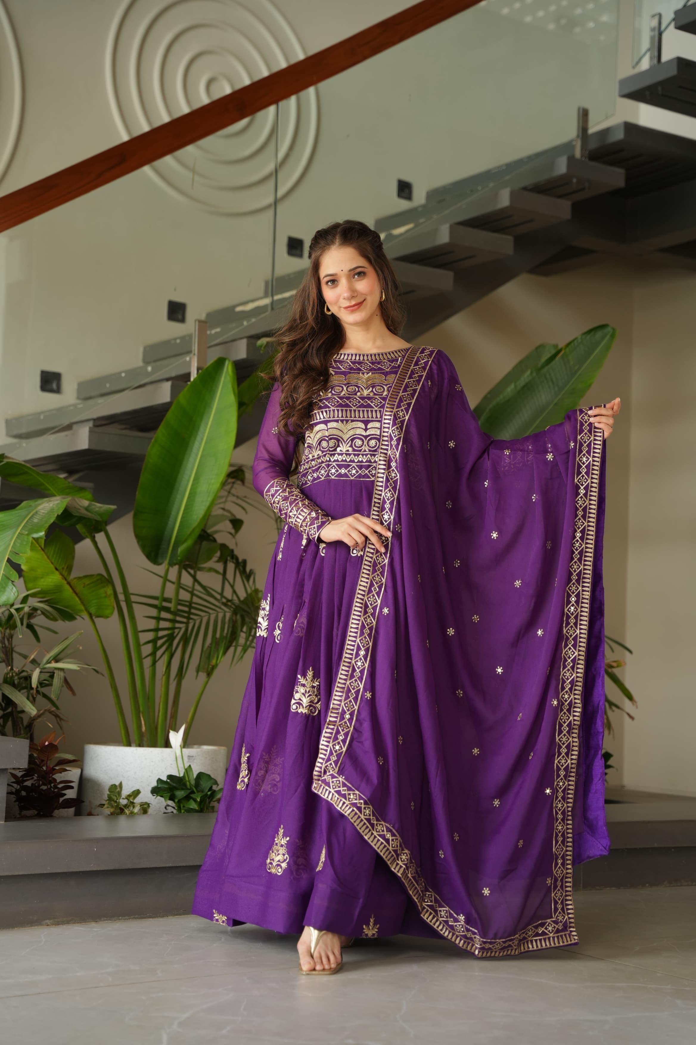 Embroidered Gown With Sequins Work And Dupatta