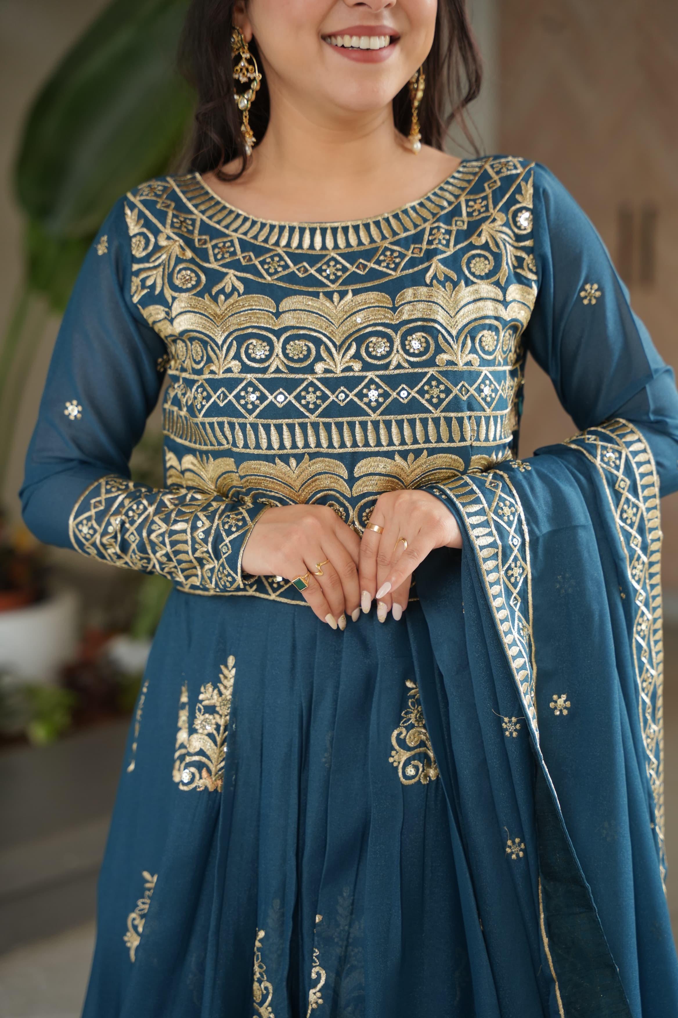 Embroidered Gown With Sequins Work And Dupatta