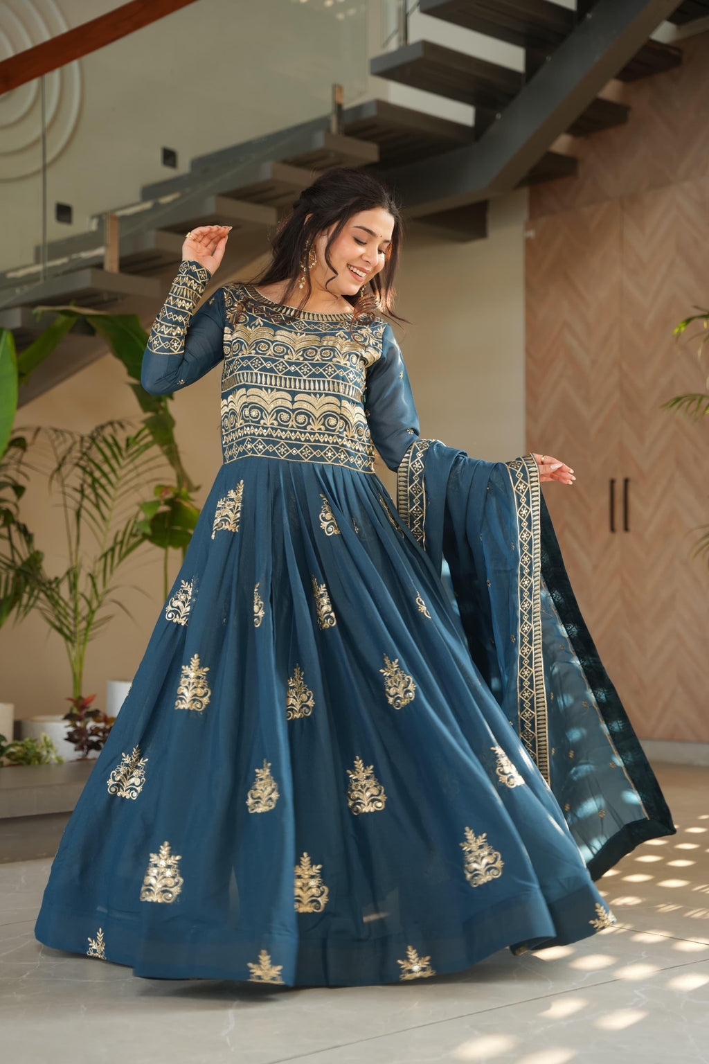 Embroidered Gown With Sequins Work And Dupatta