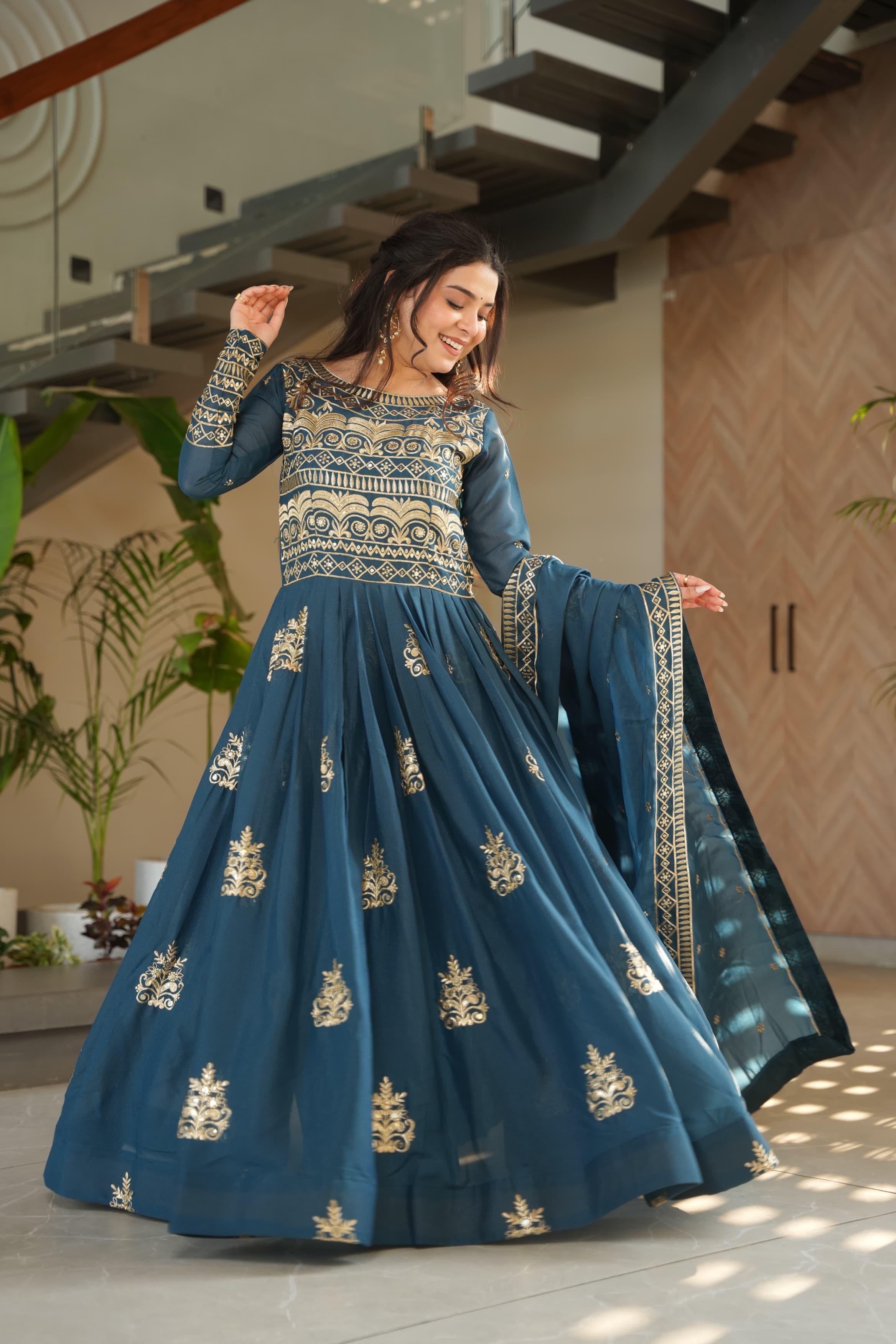 Embroidered Gown With Sequins Work And Dupatta