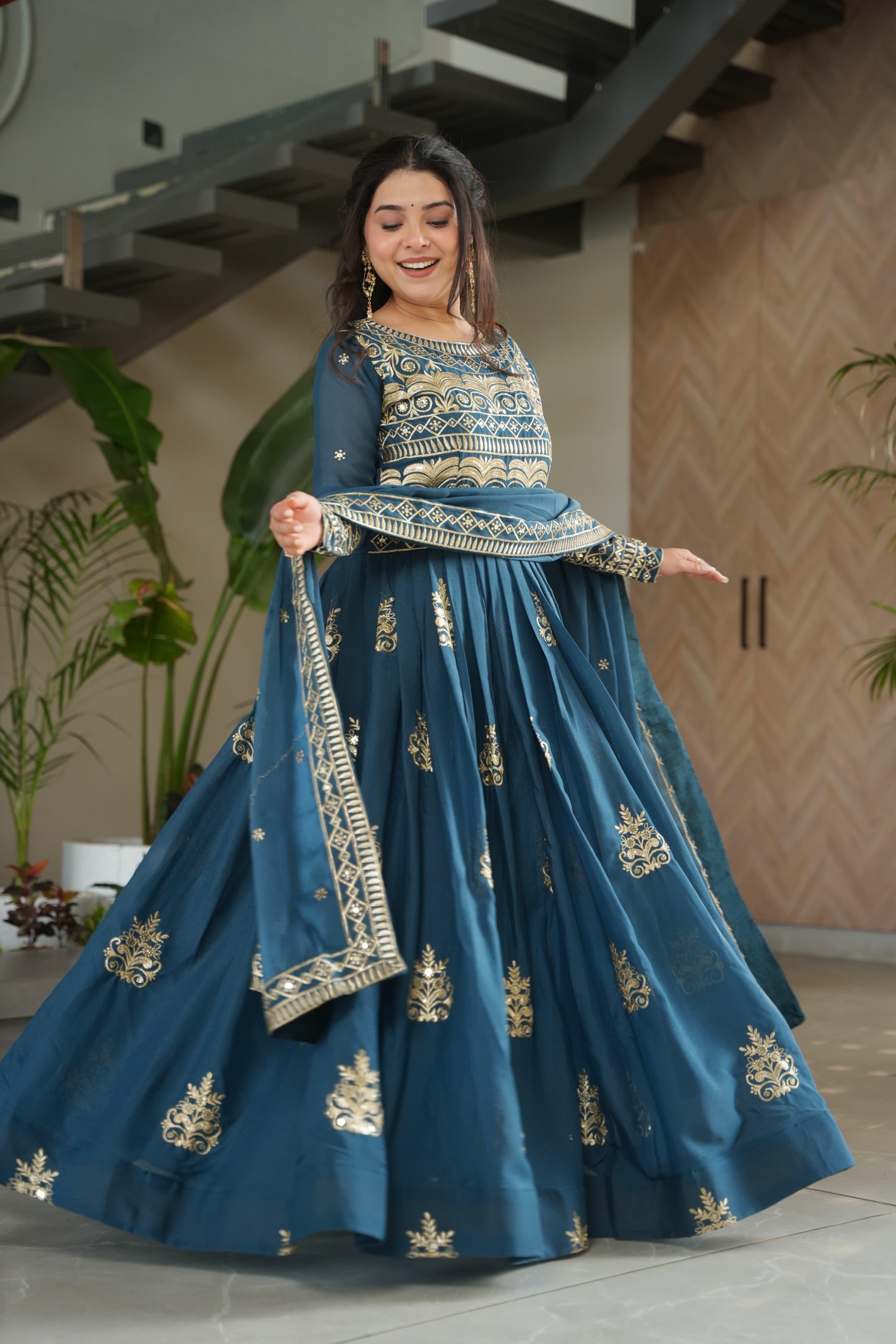 Embroidered Gown With Sequins Work And Dupatta