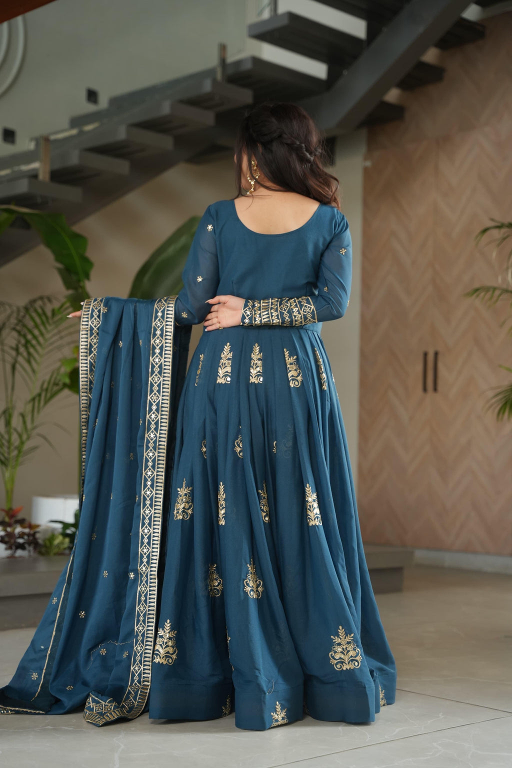 Embroidered Gown With Sequins Work And Dupatta
