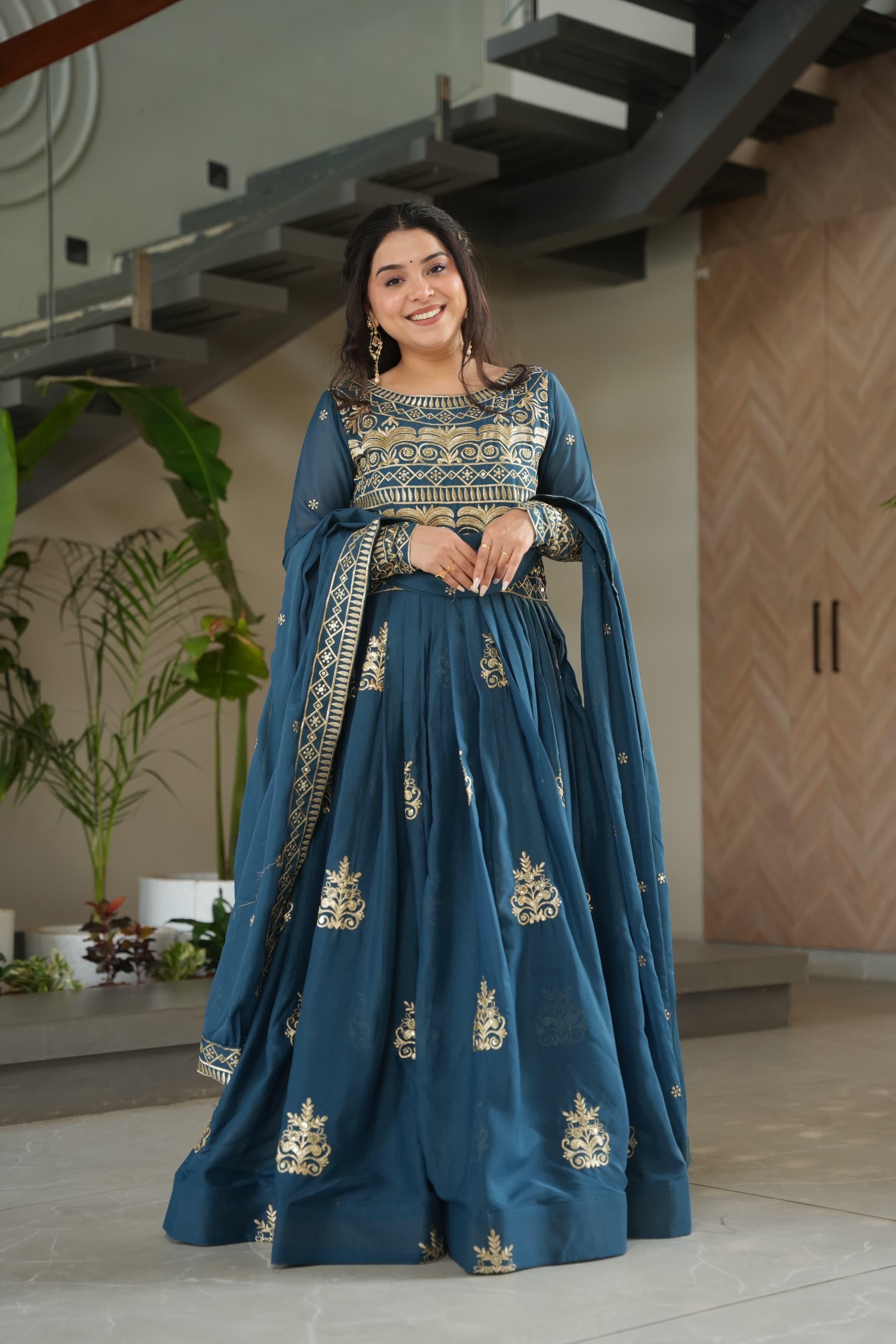 Embroidered Gown With Sequins Work And Dupatta